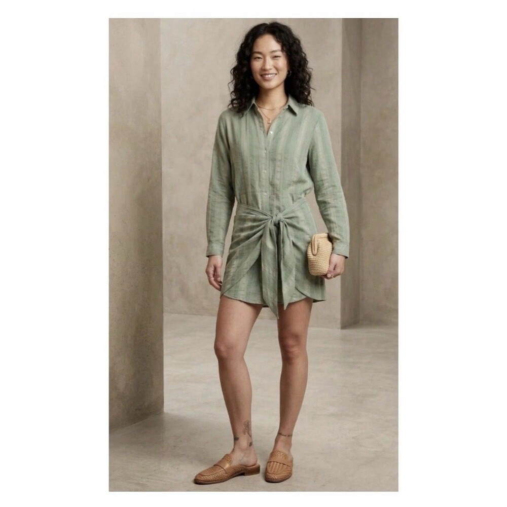 Zara Zoe Linen Blend Buttons Up Tie Front Shirt Dress Women's Size Medium